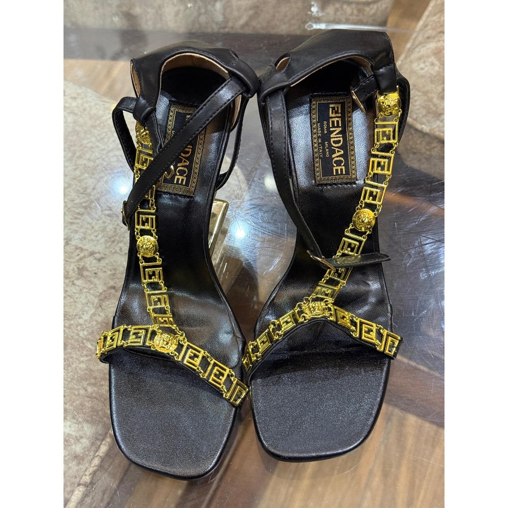 Fendace Fendi x‎ Versace First Gold Heel Sandals Black Leather Medusa Greca 38